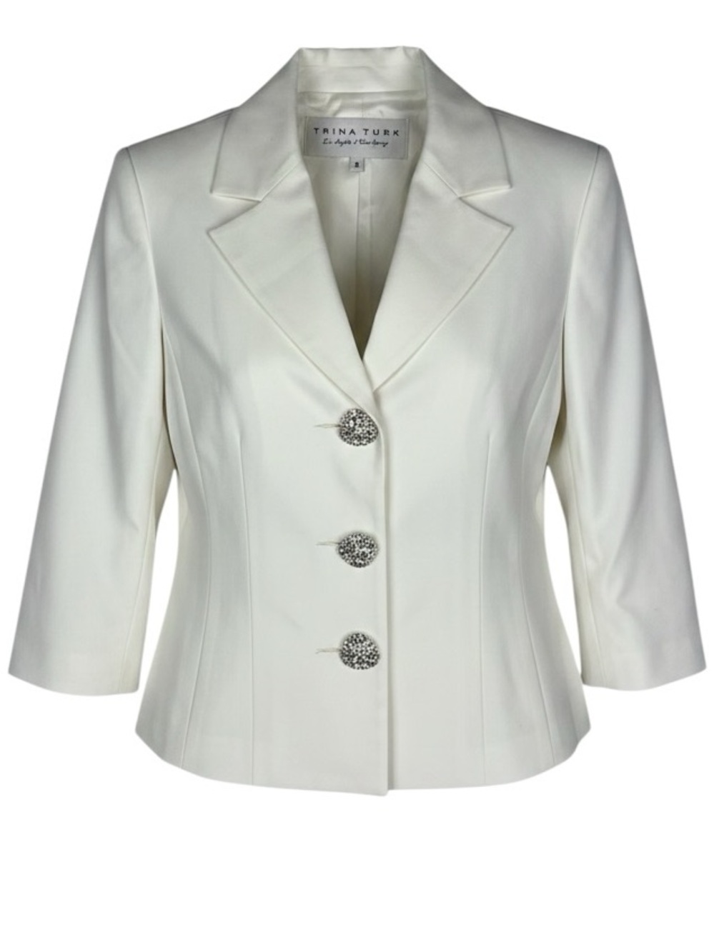 Trina Turk White Crystal Button Blazer 3/4 Sleeve Quiet Luxury Palm Springs Chic